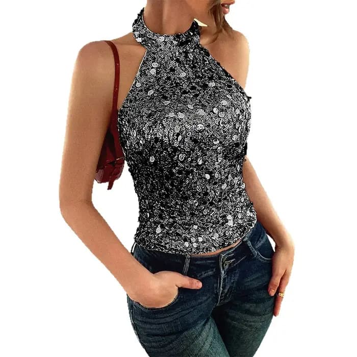 Haute qualité vente chaude en gros élégant col suspendu paillettes T-shirt femmes Sexy gilet vêtements