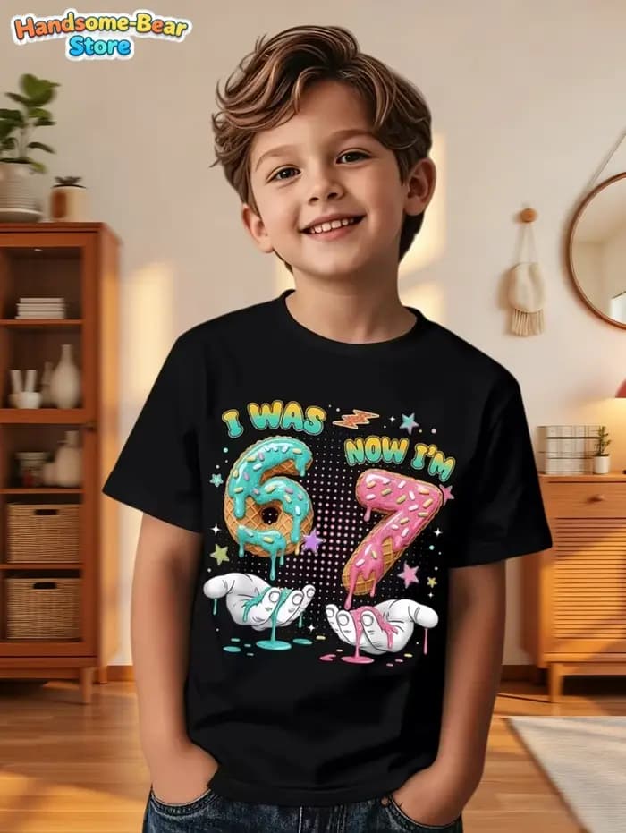 67 Meme T-Shirt pour enfants 6-7 ans cadeaux de fête d'anniversaire été à manches courtes t-shirts col rond graphique