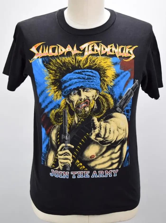 TENDENCIES SUICIDALES VINTAGE des années 1980 1989 JOIN THE ARMY PUNK ROCK T-SHIRT M RARE!