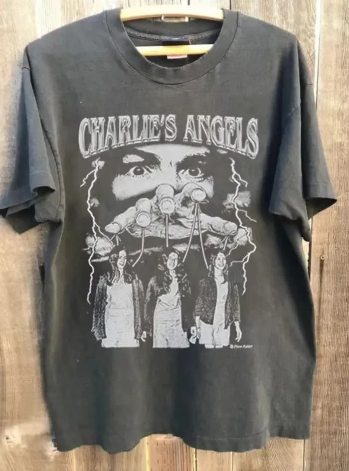 T-shirt gris anthracite unisexe en pur coton, style années 90, inspiré des Angels de Charlie Manson,