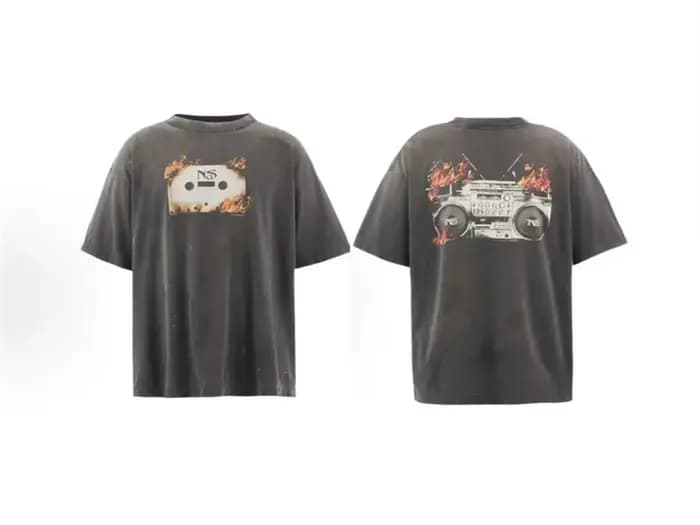 SAINT NaS lettre imprimé magnétophone motif Vintage lavé haute rue T-shirt pur coton col rond ample