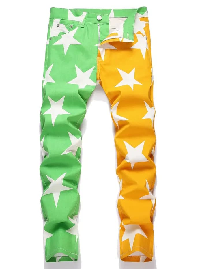 Nouvelle Collection 2026 – Jean Homme Tendance Y2K Imprimé Étoiles – Pantalon en Denim Extensible Couleurs Fantaisie – Coupe Slim Droite Printemps