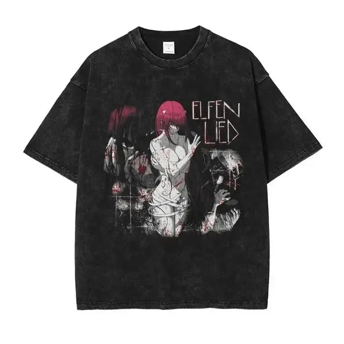 T-shirt graphique Elfen Lied Lucy en coton délavé style vintage