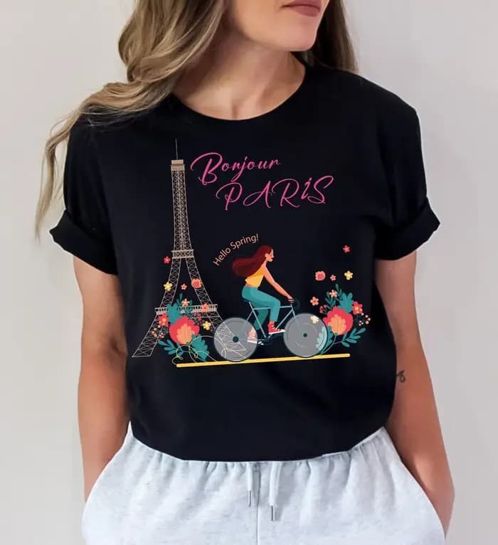 T-shirt Tour Eiffel Paris Rose Floral Vintage Cadeau Souvenir Français Vêtements Femme Mode