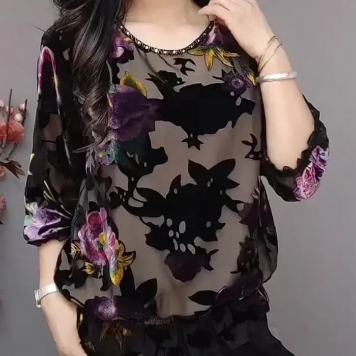 Vintage femmes doré velours T-Shirt printemps automne femme vêtements hauts col rond mode ample à manches longues décontracté t-shirts floraux D132