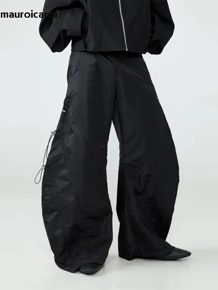 Mauroicardi-Pantalon Baggy Noir à Jambes Larges pour Homme, Taille artificiel astique, Long, Décontr