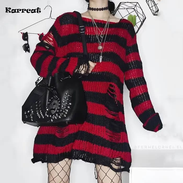 Karrcat Grunge Harajuku rayé tricot pull femmes Y2K Streetwear trou cassé pull ample violet chandail