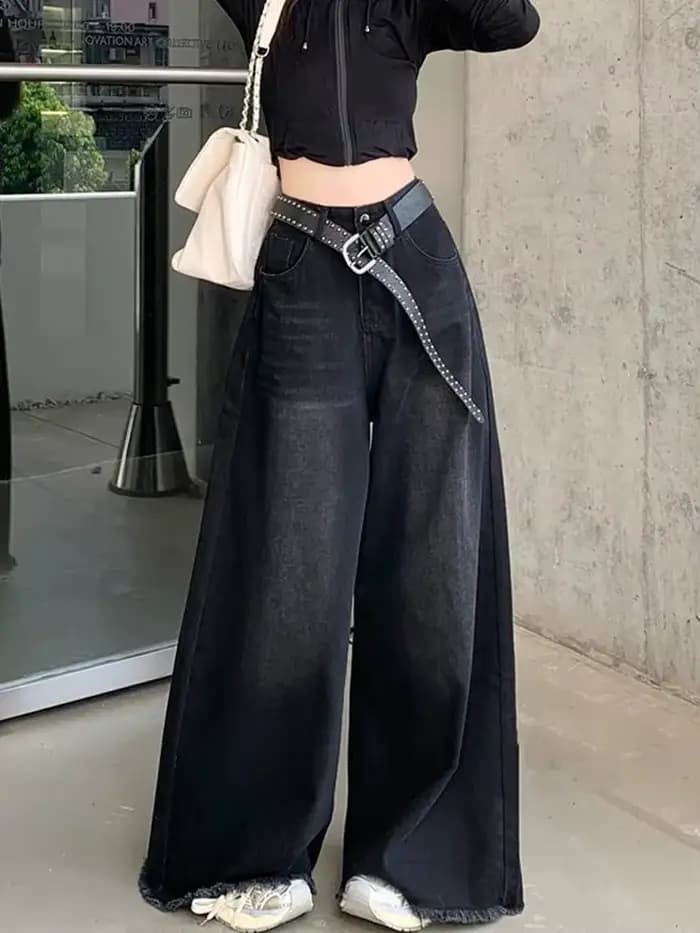 Jean élégant Chic américain Vintage noir à jambes larges pour femmes