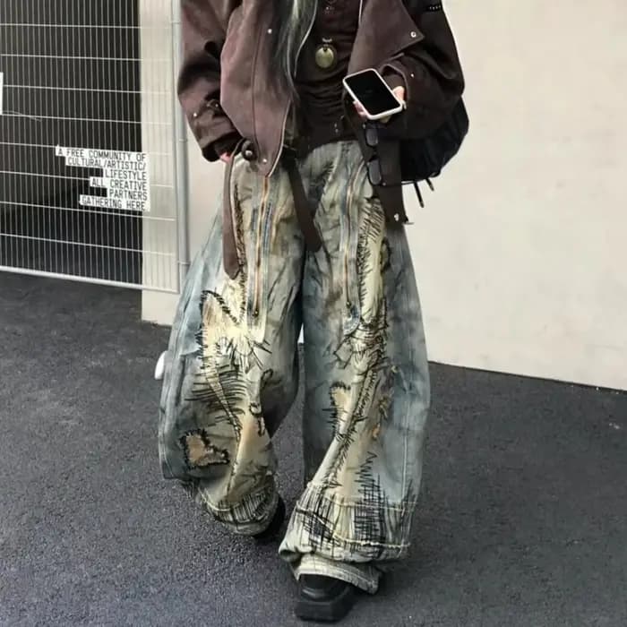 Pantalon en Denim brodé de Style American Street Destruction