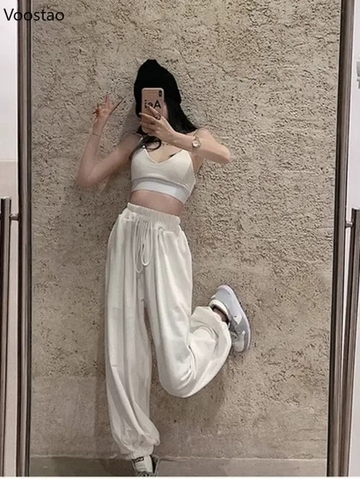 Femmes Chic blanc Jogging pantalons de survêtement mode coréenne