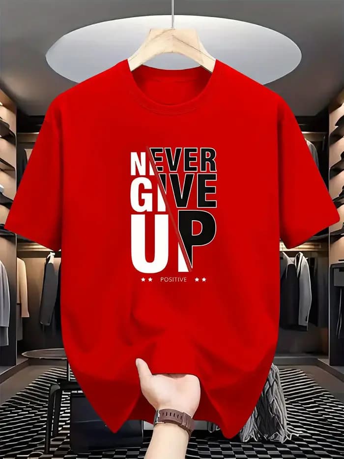 T-shirt pour homme à imprimé monogramme 'Positive' - 'Never Give Up' - Motif graphique tendance - Décontracté - Manches courtes - Haut confortable - T-shirts gothiques