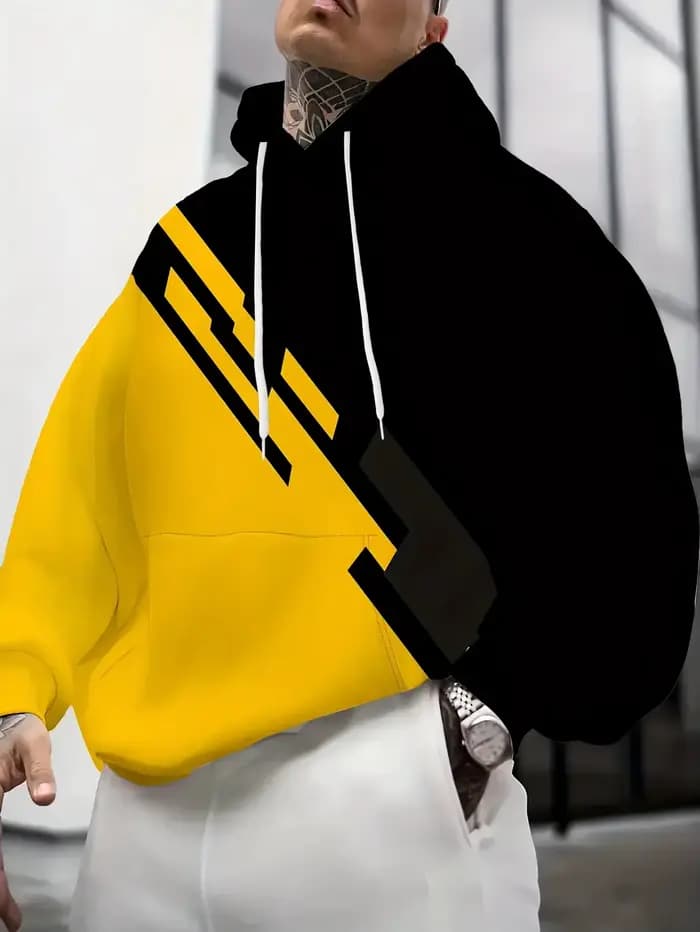 Sweat-shirt à capuche élégant à blocs de couleurs pour hommes | Vêtements de sport tendance noir et jaune pour