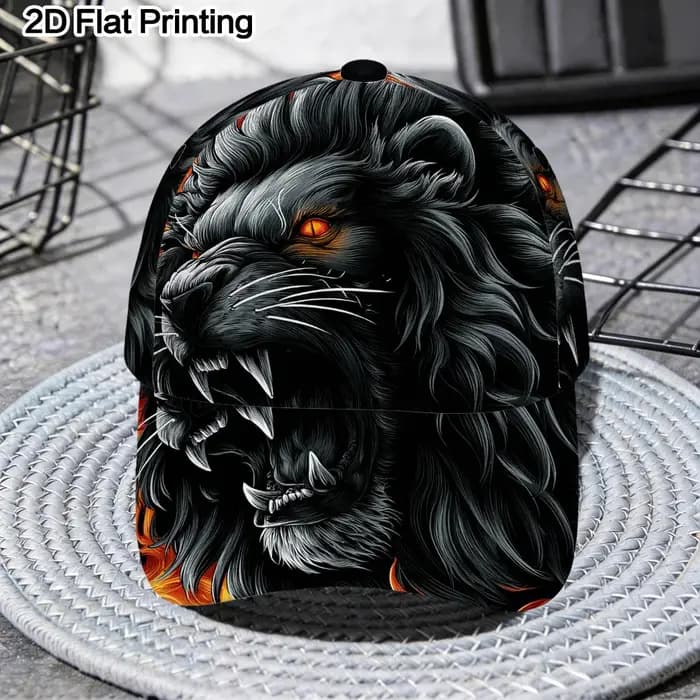 Casquette de baseball classique avec un design plat 2D d'un lion noir flamboyant, légère et ajustabl