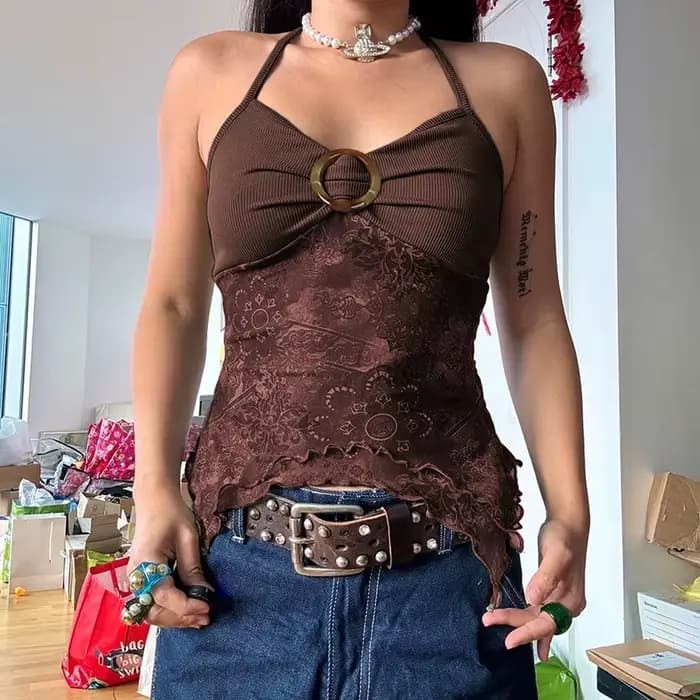 Women Summer Vacation Clothing Y2K Camisole Backless Halter Tie Asymmetrical Tops Retro Forest Green Print Boho Style
