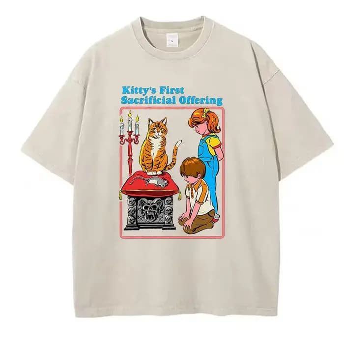 T-shirt Gothique Vintage Délavé 100% Coton avec Motif Chat de Bande Dessinée – Décontracté Streetwear Printemps-Été