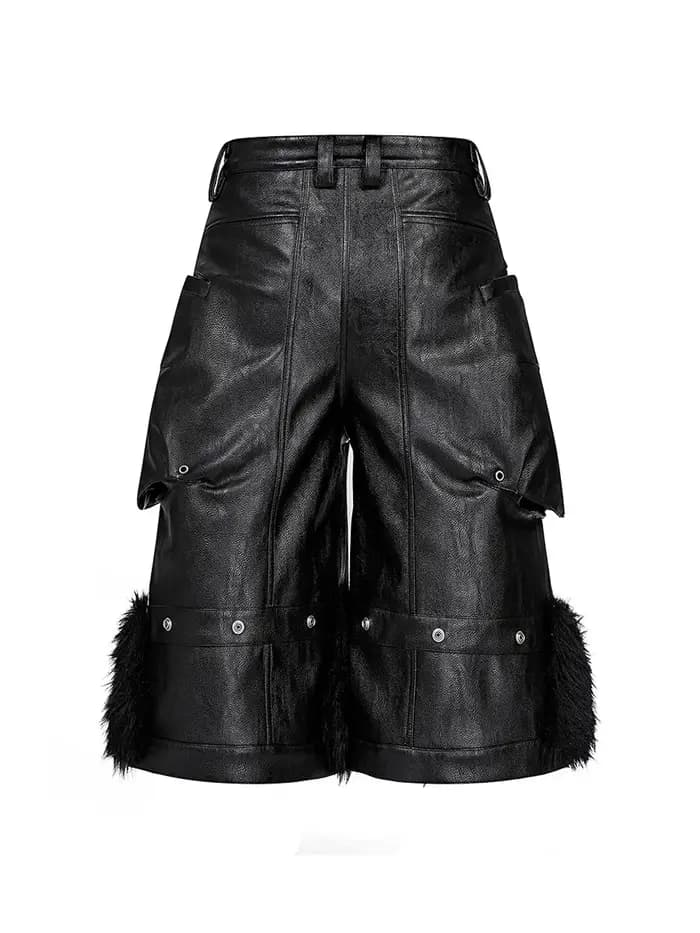 Mauroicardi automne noir fausse fourrure Patchwork Pu cuir Shorts pour hommes poches tridimensionnel