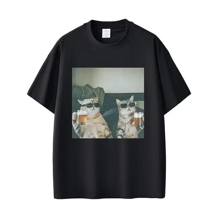 T-shirt à manches courtes en coton pour hommes et femmes, décontracté, avec image de chat cool buvan
