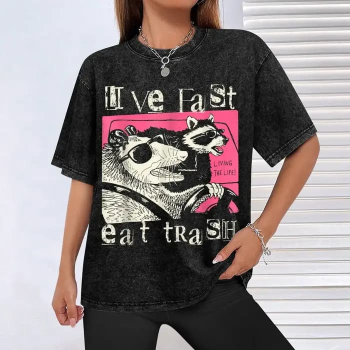Live Fast Eats Trash drôle Possum raton laveur rétro lunettes de soleil T-Shirt grande taille vêtements chemises hommes