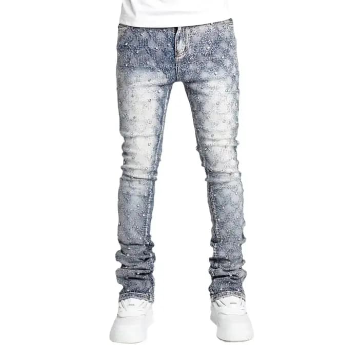 2025 nouveaux hommes jean mode droite Stretch perle Denim laminé pantalon