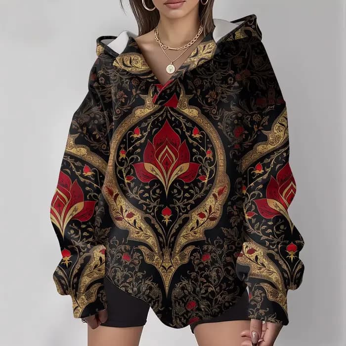 Sweat à capuche Boho maximaliste pour femme, rétro, coupe ample, col en v, avec luxueux totem floral