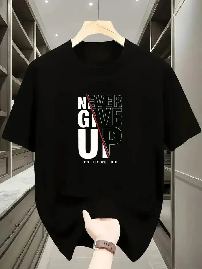 T-shirt pour homme avec imprimé monogramme 'Positive', motif graphique 'Never Give Up', décontracté,