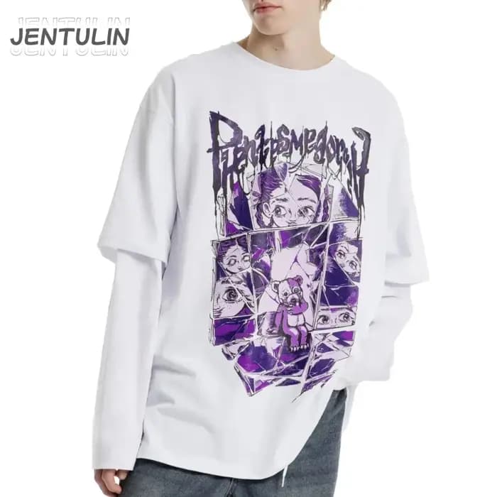 Harajuku surdimensionné Streetwear hommes t-shirt phantasmagoria imprimé graphique Hip Hop vêtements faux deux pièces à manches longues hauts Goth Y2k