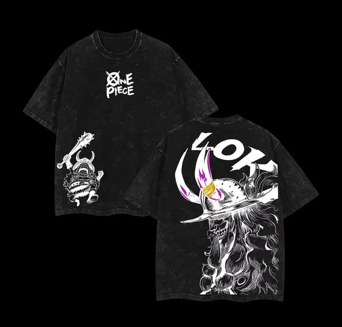 T-shirt unisexe noir délavé à l'acide 100% coton, col rond, manches courtes, motif graphique Anime O