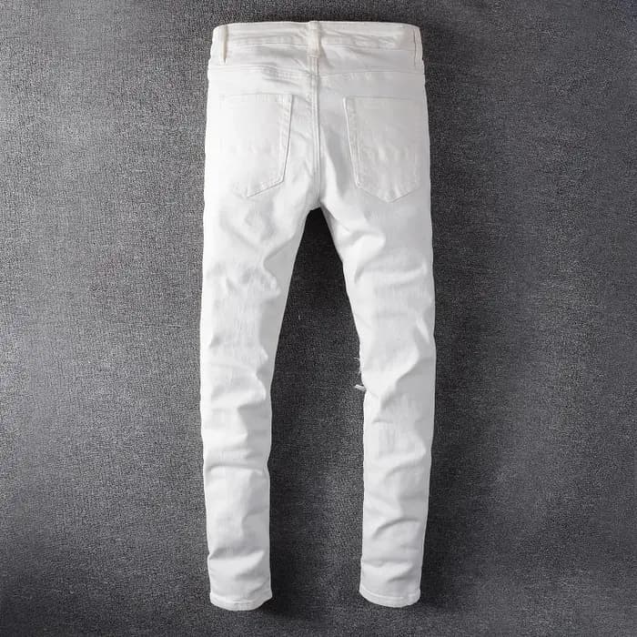 Sokotoo hommes trous de cristal blanc déchiré jean mode mince maigre strass Stretch Denim pantalon