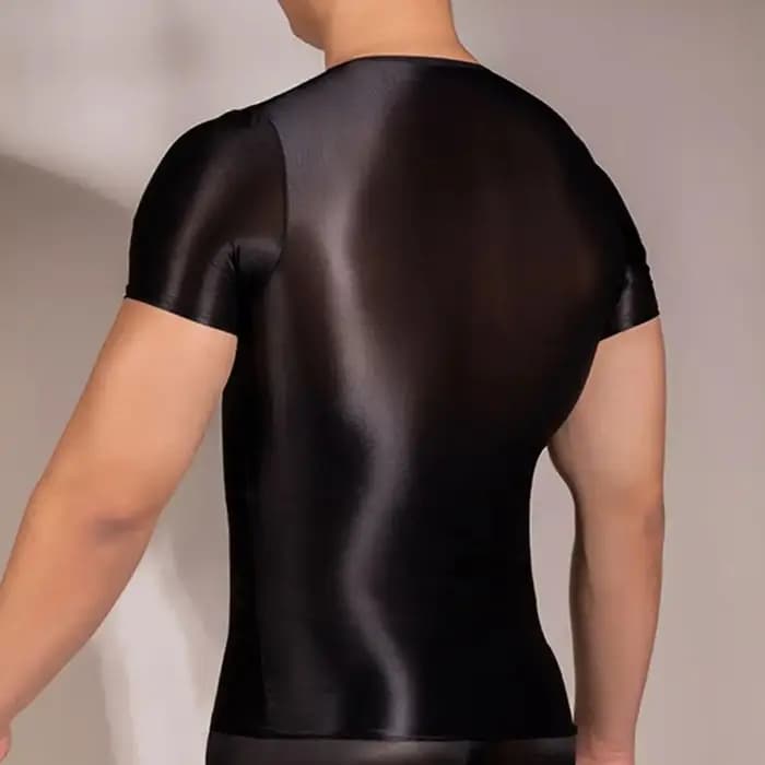 PerconsiderMen-T-shirt à manches courtes pour homme, haut à surface brillante transparente, coupe couvertes, mince, haute élasticité, col rond