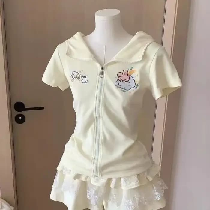 Kawaii dessin animé broderie t-shirts femmes Y2k esthétique T-shirt à capuche Style japonais coupe ajustée fermeture éclair Grunge t-shirts Streetwear quotidien