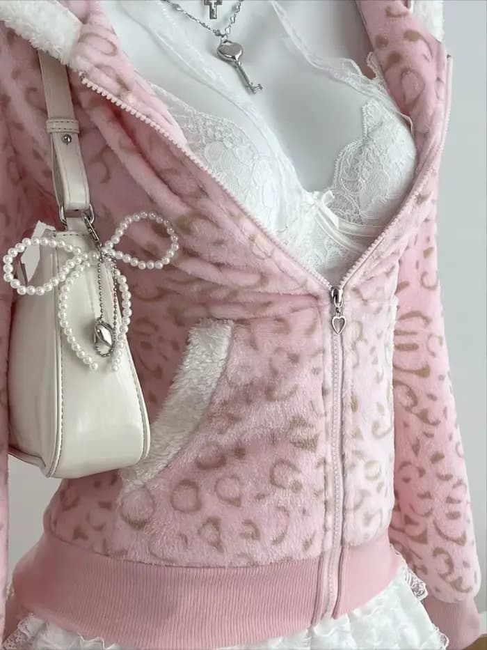 Sweat-shirts pour femmes Zip-up Grunge Gyaru à capuche gothique Top Mignon rose léopard pinte