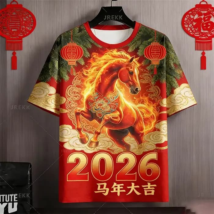 T-shirt de l'année du cheval pour hommes, vêtements de personnalité, Streetwear, cadeau du nouvel an, Cool, Design imprimé en 3D, 2026