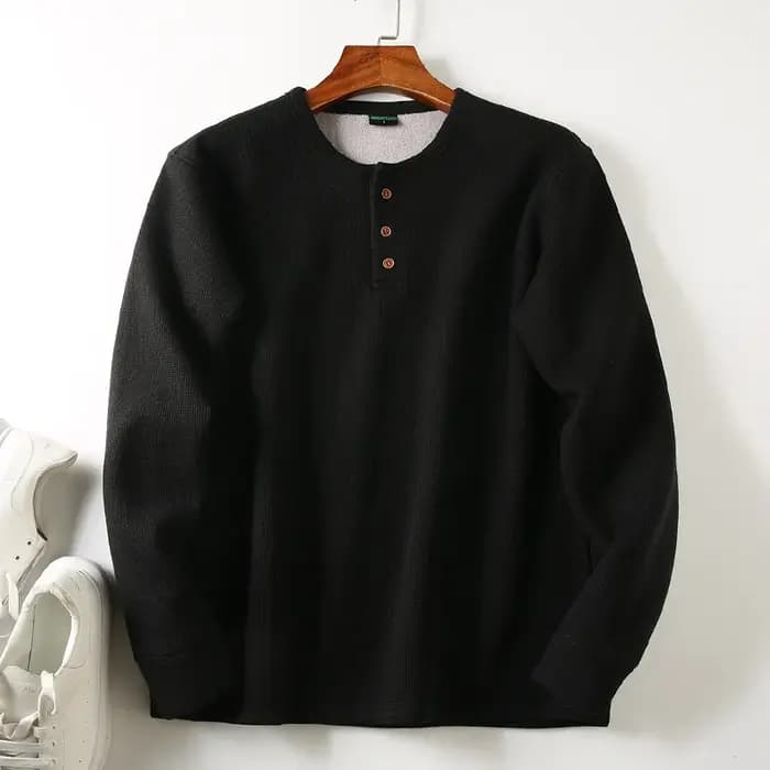 T-shirt en tricot gaufré à manches longues et col Henley pour hommes