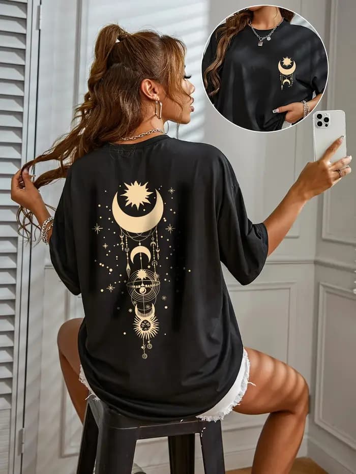 T-shirt décontracté noir à imprimé étoiles pour femmes