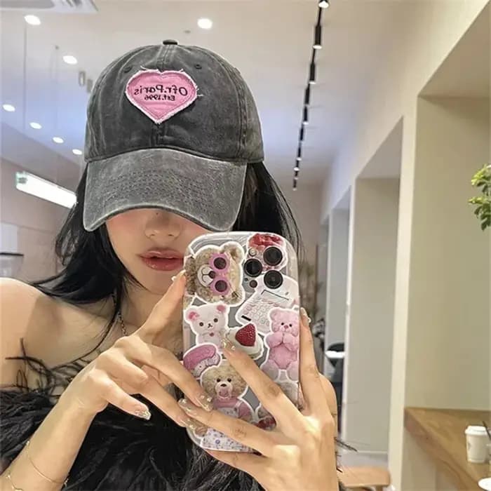 Casquette de baseball brodée avec motif cœur pour femme, en coton lavé, réglable, style snapback, protection solaire, printemps-été