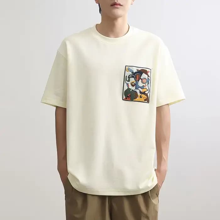 T-shirt col rond pour hommes, ample, brodé, chemises, Streetwear, vêtements esthétiques, Vintage, fê