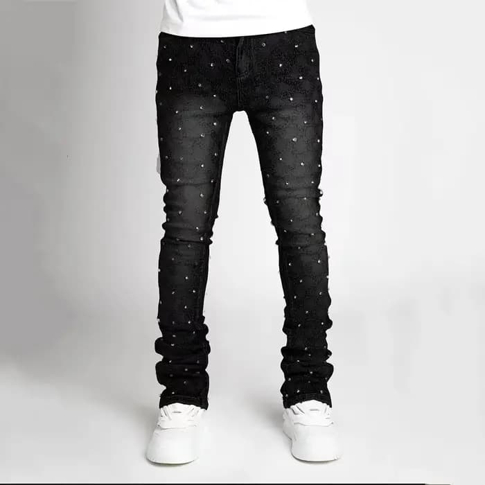 2025 nouveaux hommes jean mode droite Stretch perle Denim laminé pantalon