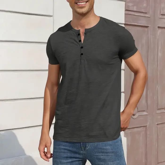T-shirt en coton pour hommes, Design de boutons, respirant, couleur unie, manches courtes, col Henley, coupe cintrée, confortable, décontracté