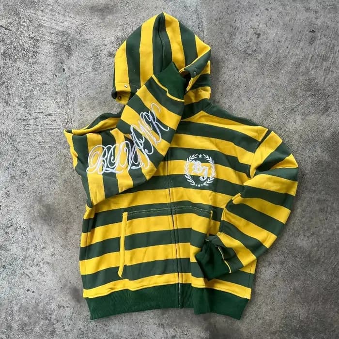 Sweat-shirt à capuche zippé rayé jaune et vert pour homme