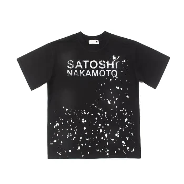 T-shirt Satoshi Nakamoto imprimé lettres effet éclaboussures d'encre, manches courtes, vintage, coup