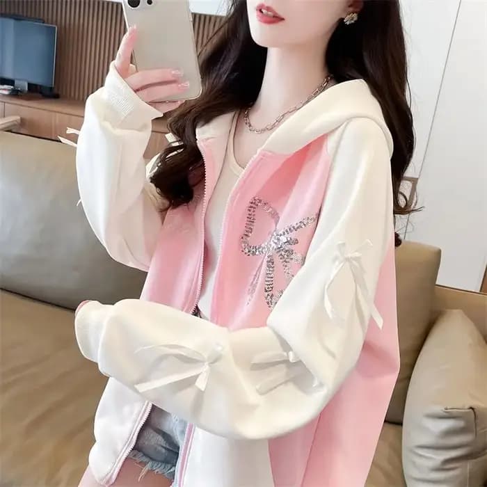 Femme hauts à capuche nœud Y2k Style Kpop vêtements pour jeunes Sweat-shirt essentiel correspondant complet sweat
