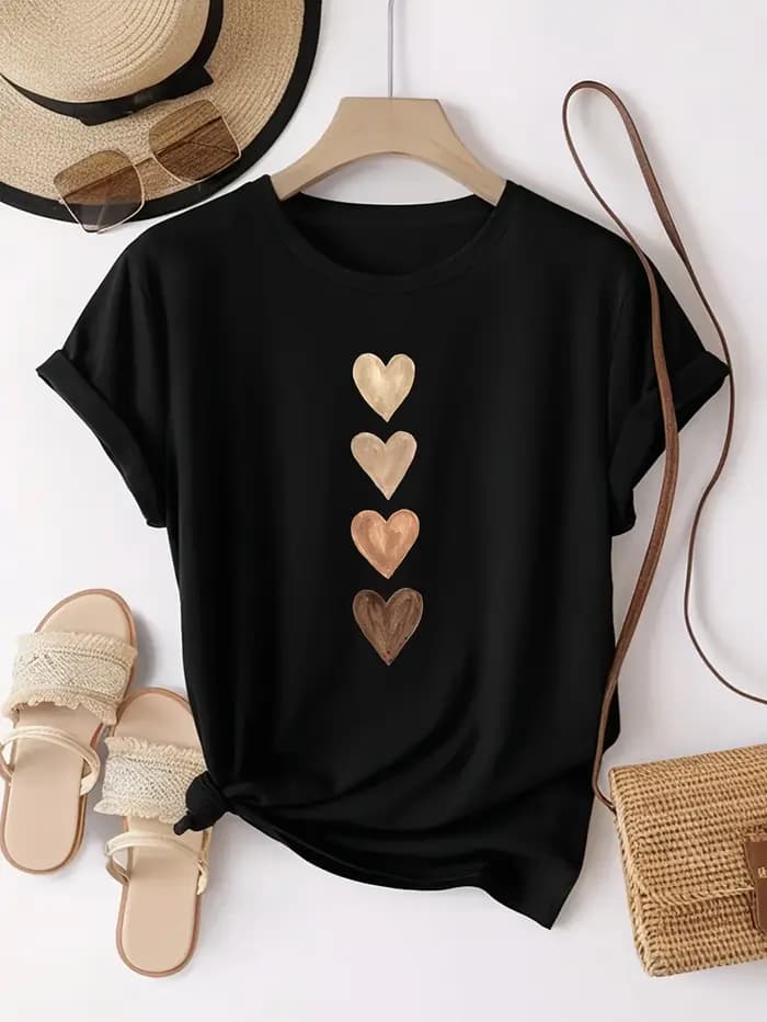 T-shirt décontracté à manches courtes pour femmes avec imprimé graphique quatre coeurs – Noir et doré