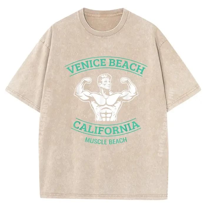 T-shirts graphiques Venice Beach CaliFornia Bodybuilder pour hommes, t-shirt ample délavé, vêtements