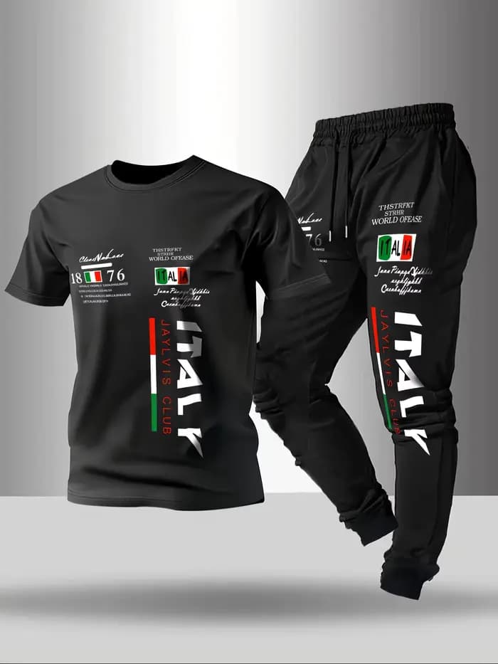 Ensemble T-shirt et pantalon à col rond pour hommes, mode d'été, lettres italiennes imprimées, respi