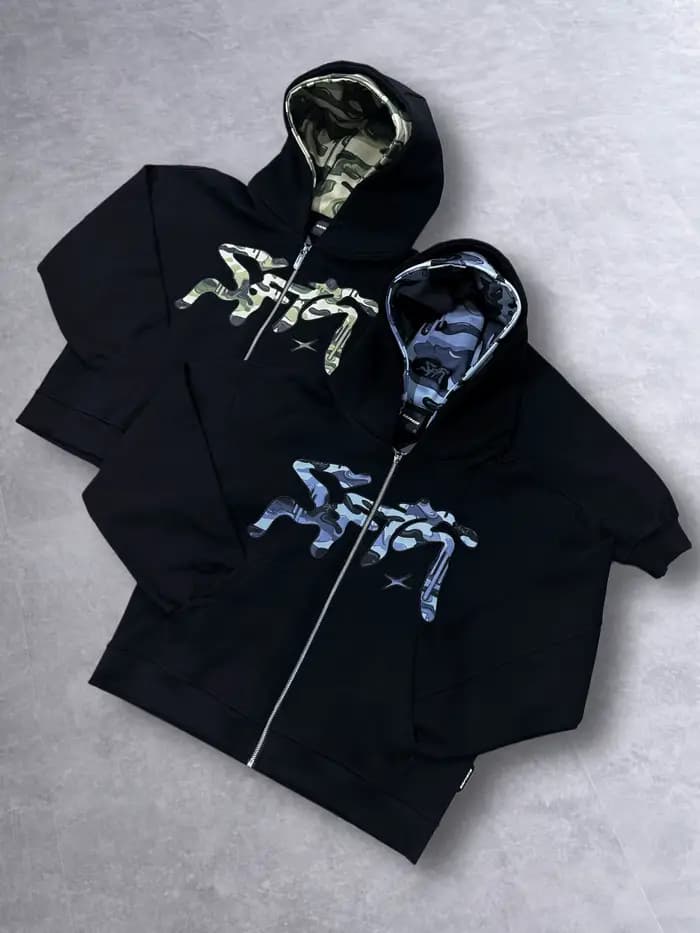 Sweat à capuche zippé imprimé camouflage obsidienne Y2K rétro