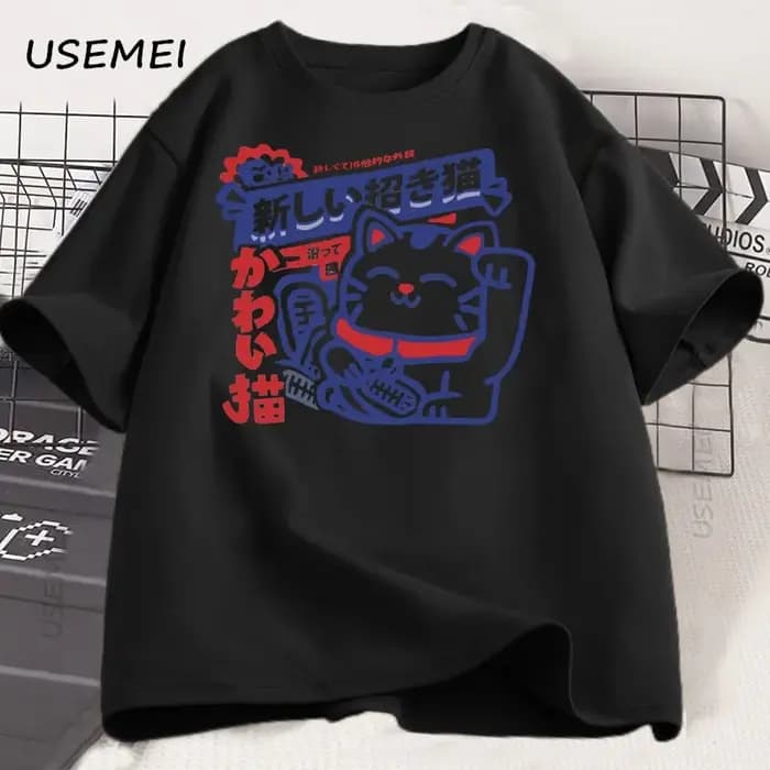 Kawaii Anime chat imprimé T-Shirt Style japonais coton T-Shirt doux respirant col rond manches court