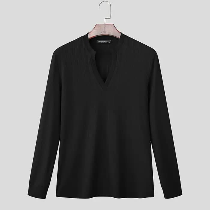 INCERUN hommes t-shirt couleur unie col en V à manches longues tricoté Streetwear mâle t-shirt hauts