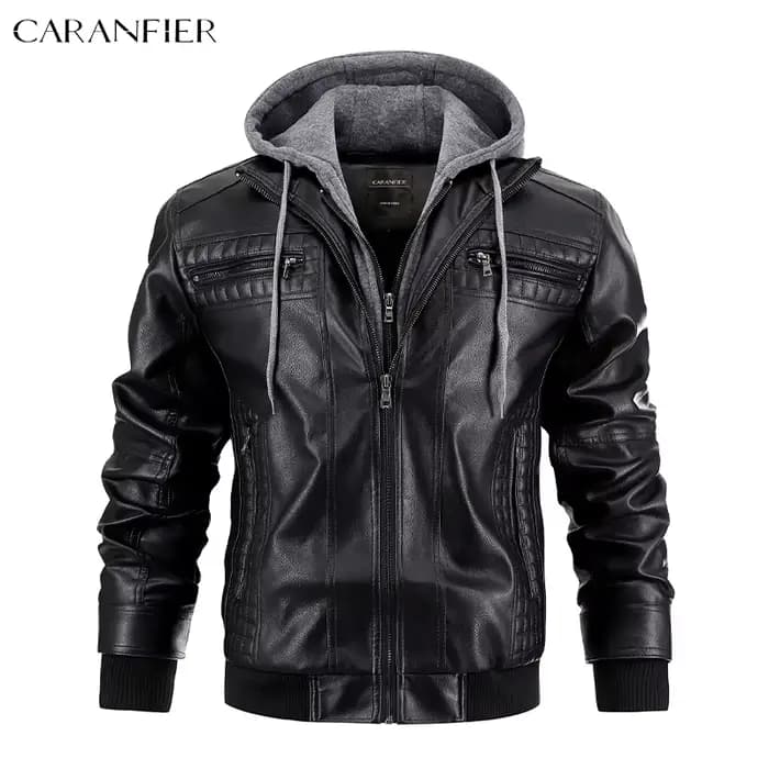 CARANFIER hommes veste en cuir PU mâle Moto Biker à capuche manteaux de luxe vêtements Faux Vintage