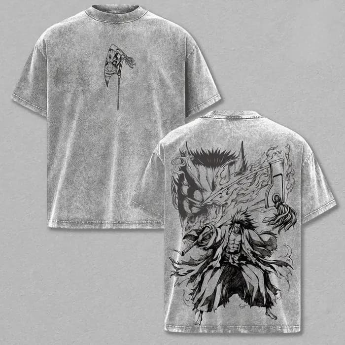 T-shirt BLEACH Zaraki Kenpachi Vintage Délavé Coupe Oversize Été Décontracté Manches Courtes Coton V