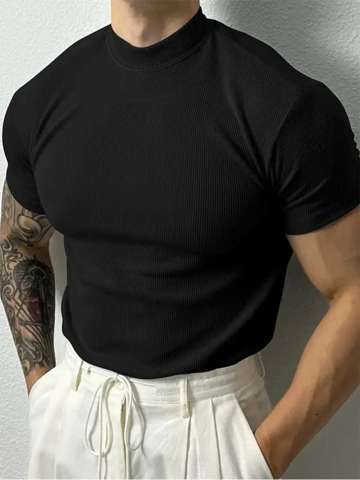 Nouveau T-shirt homme tendance 2026 – Haut de sport à col montant rayé, manches courtes, idéal pour